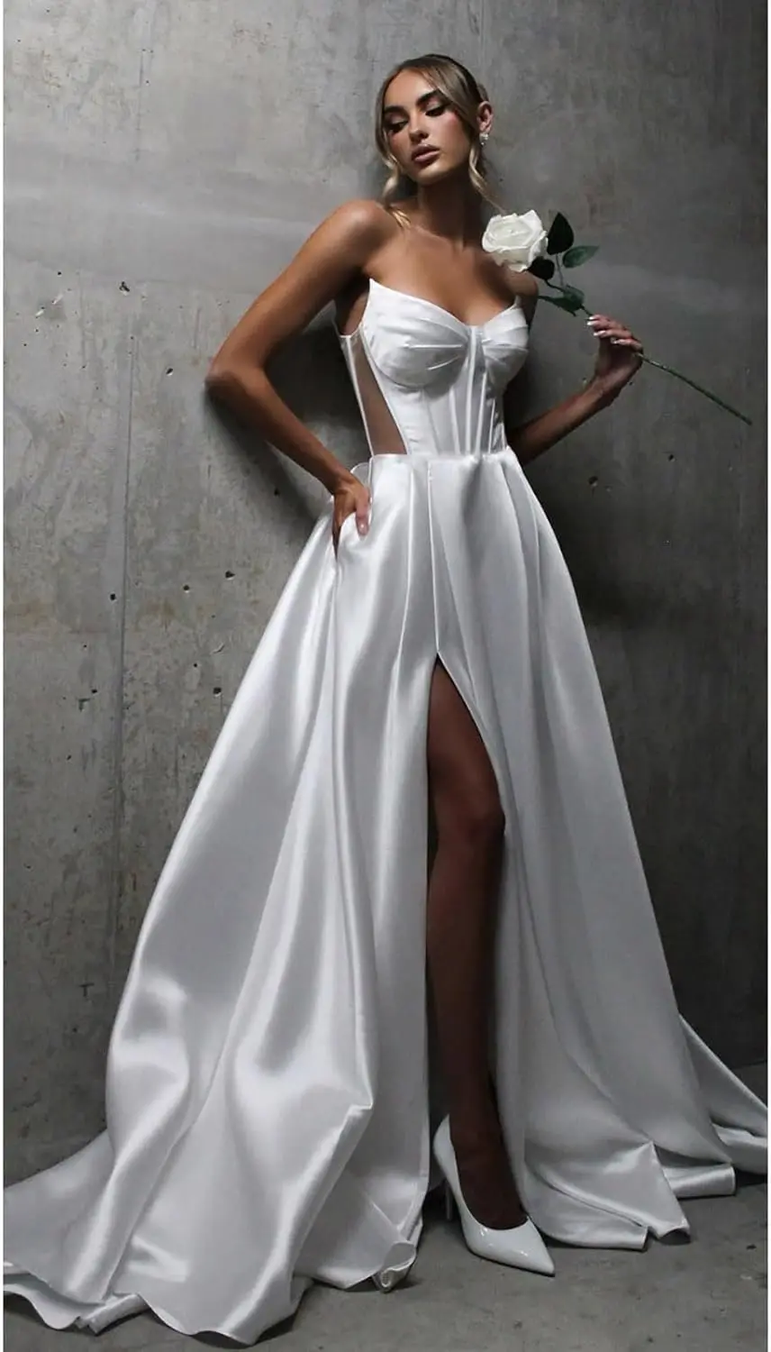 

Атласные платья для выпускного вечера без бретелек с разрезом Длинные вечерние платья трапециевидной формы