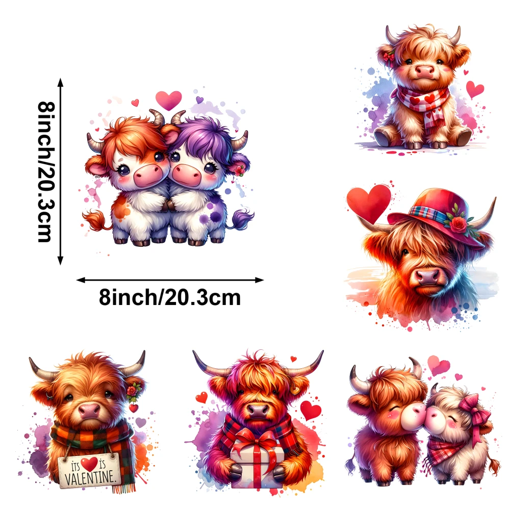 6 Pcs Cute Highland Cow Valentine Transfers Sticker On Clothes casual style. for Clothing T-Shirt Jeans Applications Iron on
