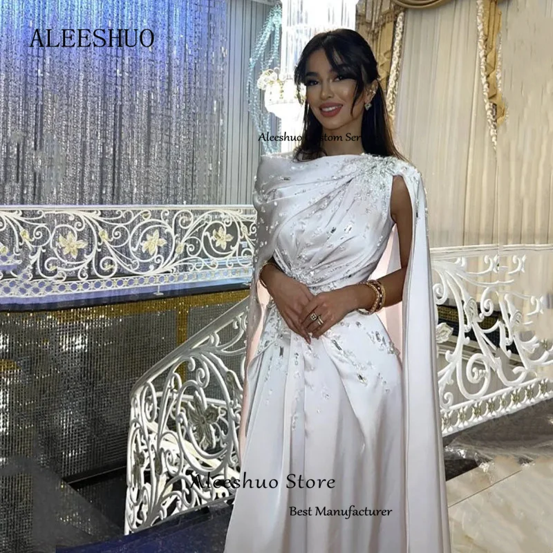 Alieshuo-vestido reto de baile de cetim, mangas, vestido de noite, beading elegante, colher de cristal, Arábia Saudita, requintado, branco, 2024