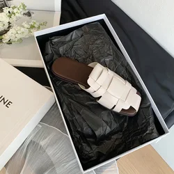 Cover Toe Mules For Women 2025 Shoes Female Slippers Low Slides Fashion Square New Flat Luxury Fabric Hoof Heels Rome PU Spring