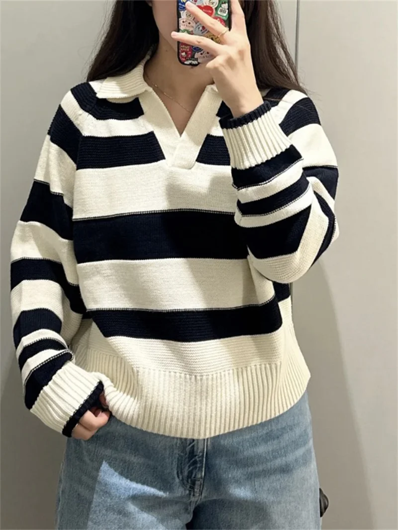 

Turn-Down Collar Sweater Women's Contrast Color Stripes Casual Long Sleeve Female Loose Knit Pullover Autumn New 2024