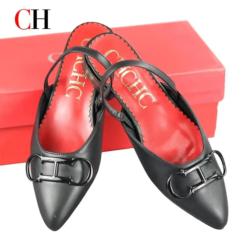 

CH Brand Women's Pointed Toe Slingback Pumps Black Leatherette Low Block Heel Sandals with Metal Buckle Decor Office Dress Shoes