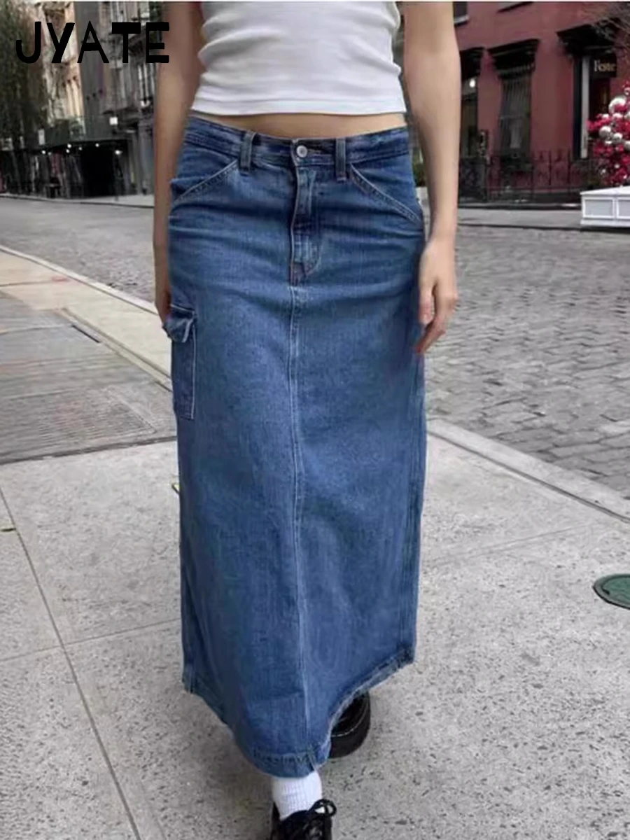 

American Retro Denim Midi Skirts Women Streetwear Pocket High Waist Straight Long Faldas Vintage Chic Preppy Style Cargo Skirt