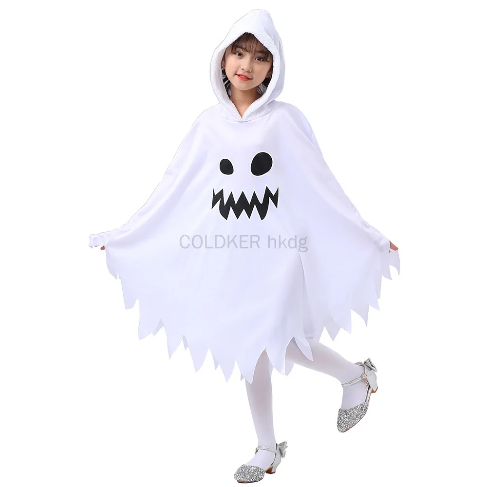 

Girl Scary Halloween Costume White Ghost Poncho Costume for Kids Ghost Dress Cape Hooded Cloak for Cosplay Theme Party