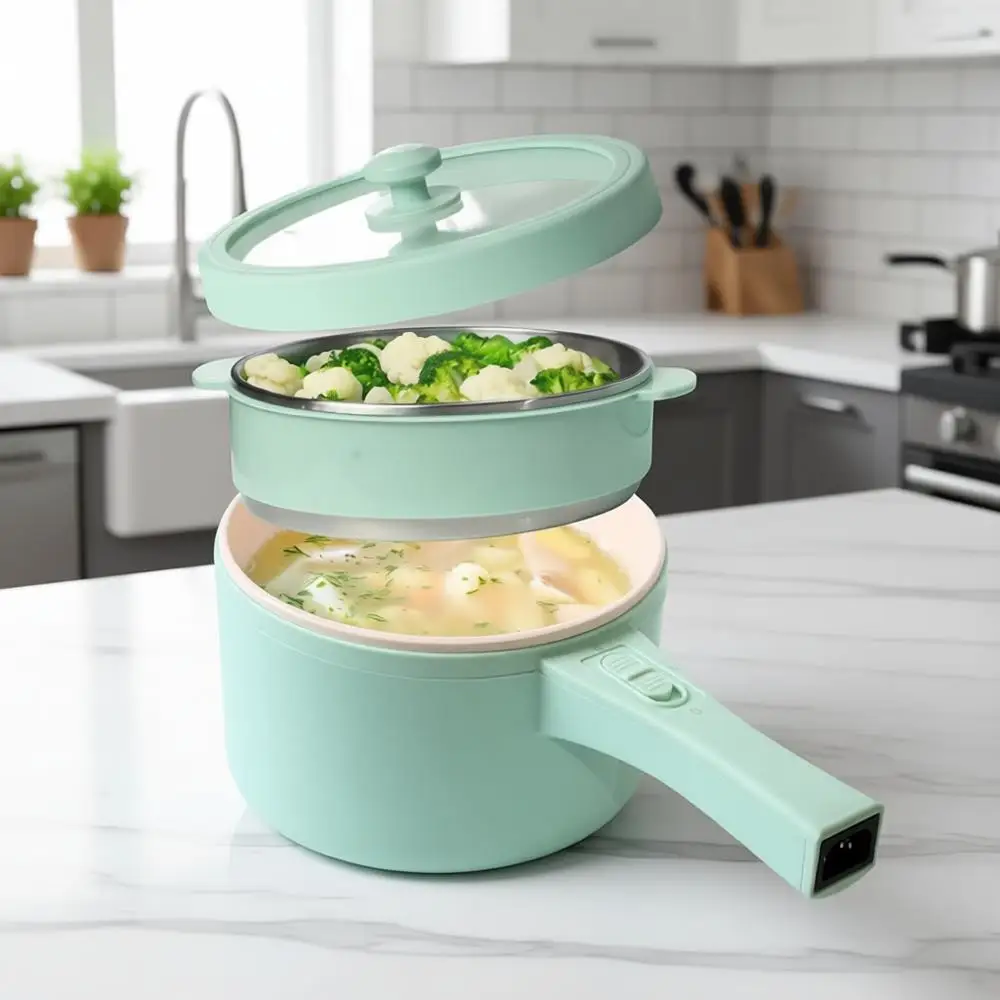 

Портативная электрическая мультиварка 2 л с пароваркой, мини-кастрюля с антипригарным покрытием для яиц, супов, овсянки, регулируемая температура, цвет аква-зеленый