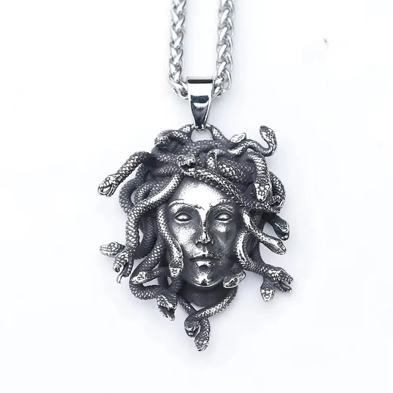 

Vintage Medusa Snake Pendant Necklace Gothic Greek Mythology Statue Bold Medusa Head Jewelry for Men Women Statement Accessory
