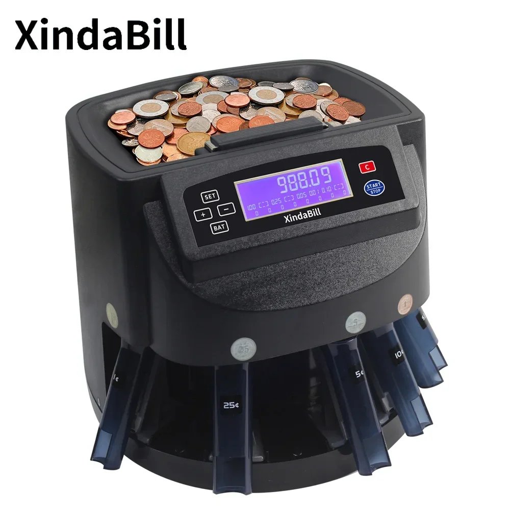 2025/Xindabill XD-9005 Professional USD Coin Counter  Automatic Coin Sorter Wrapper/Roller Equipment Bin,Tube and LCD Dis