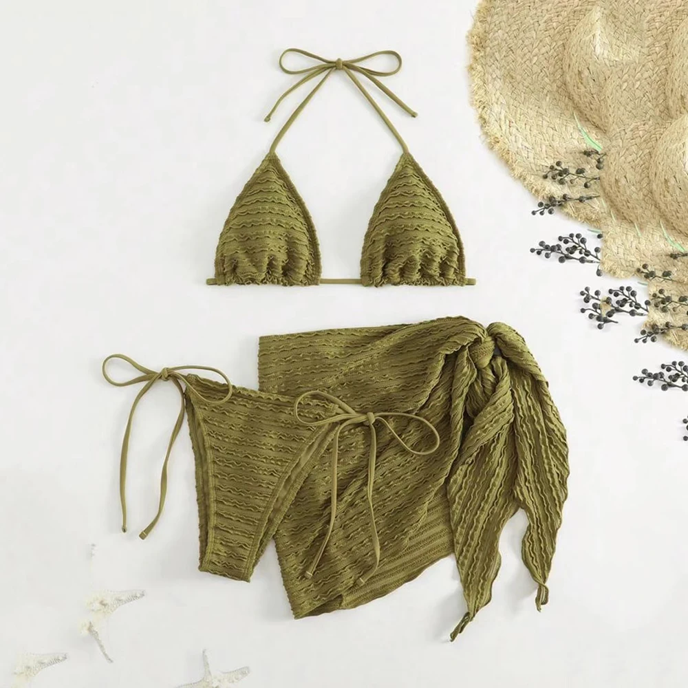 

Армейский зеленый однотонный купальник, комплект бикини с треугольными чашечками и лямкой на шее, микро-стринги, сексуальный купальник, женская пляжная одежда, бикини-стринги