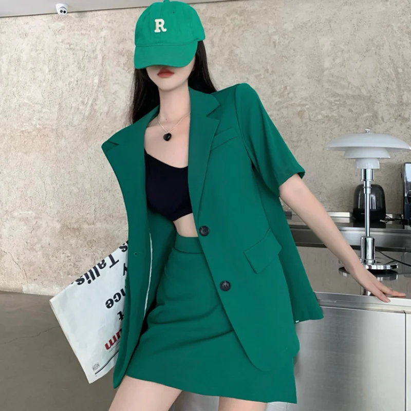 

Women's Summer New Casual Short-sleeved Blazers Jacket Matching Set Korean Elegant Thin Suit Coat+high Waist Short Skirt 2 Piece