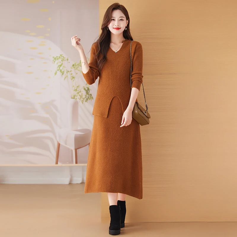 

Autumn Elegant Turtleneck Wool Sweater Sets Solid Skirt and Tops 2025 Winter Vintage Casual Knitting Women Bodycon Sweater Dress