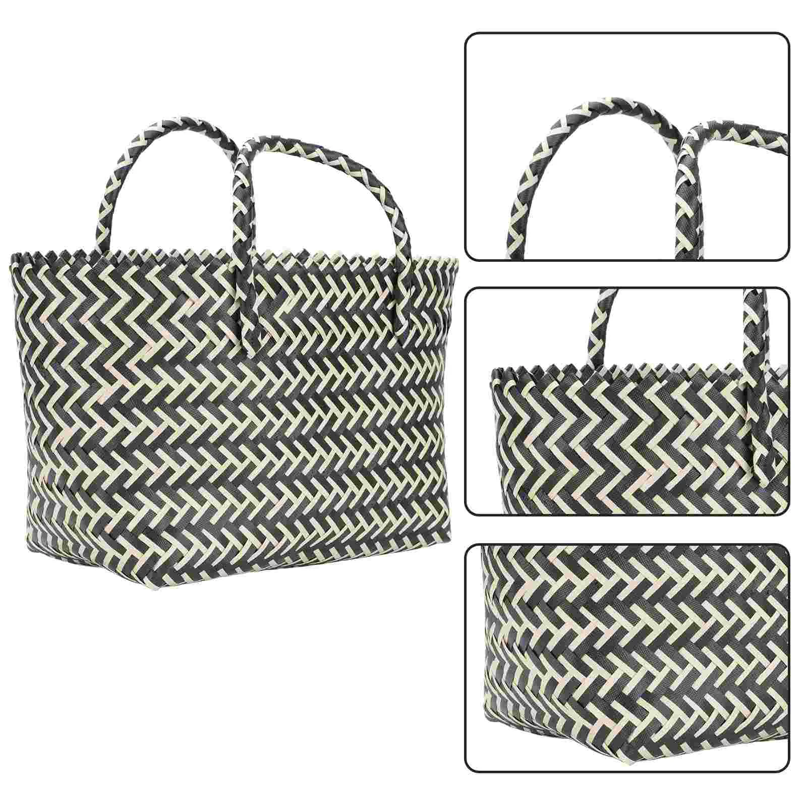 Grocery Bag Straw Fashionable Hand-knitted Basket Tote Bags Black Plastic Child