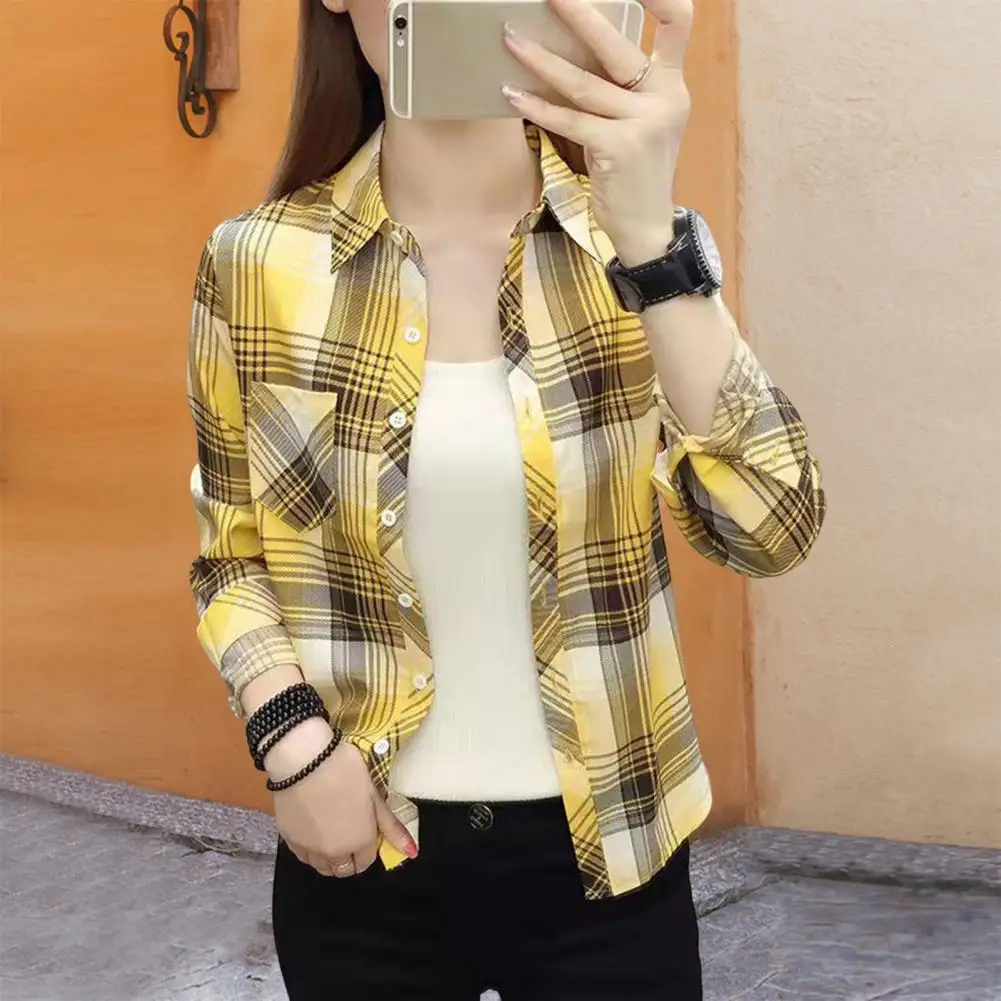 Women Shirt Lapel Long Sleeve Single Breasted Shirt Tops Patch Pockets Plaid Print Blouse Casual Style Shirt Coat 체크 블라우스