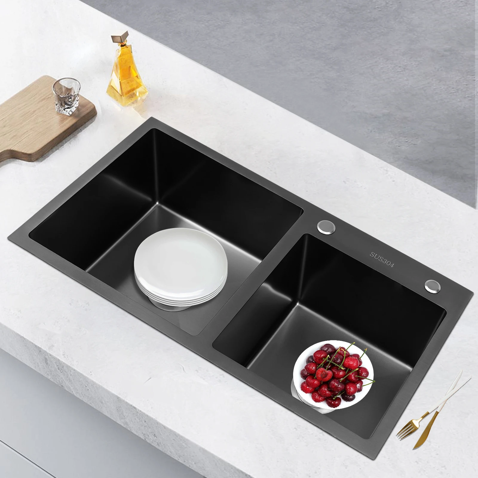 Kitchen Double Sink Stainless Steel Sink 2Basins Built-in Sink with Draining Board and Soap Dispenser Black Stainless Steel Sink