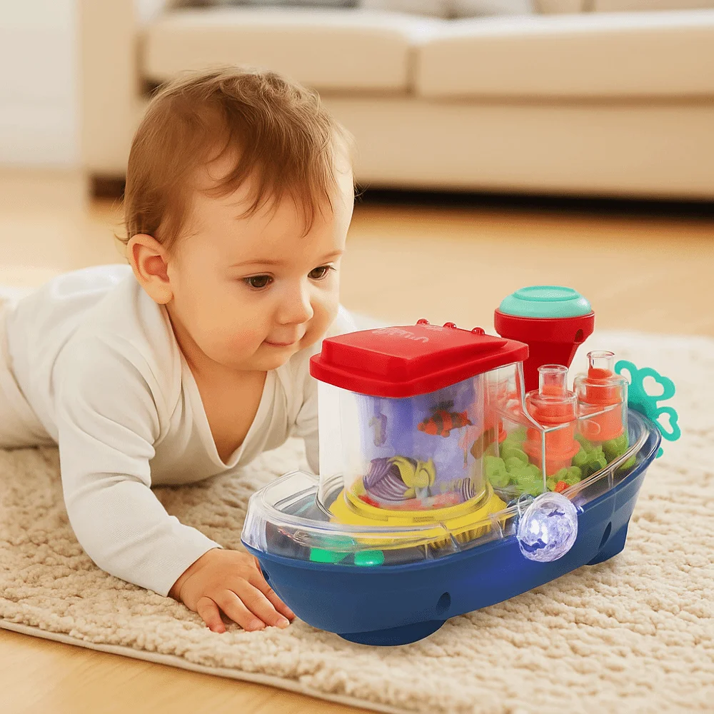 Mainan Perjalanan Plastik Transparan Mainan Mobil Mekanik dengan Suara dan Lampu Mainan Perahu Bergerak Elektrik Mainan Kapal Musik untuk Anak Perempuan/Laki-laki