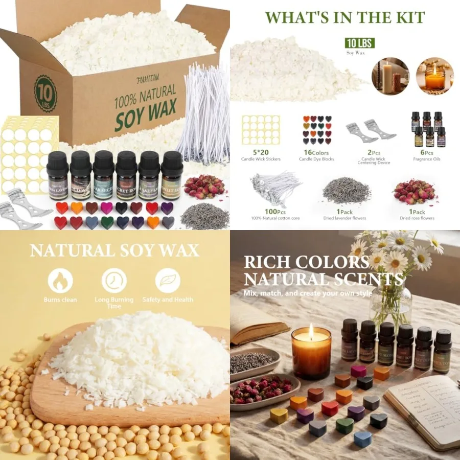 

Soy Candle Wax Kit for Candle Making 10 lbs Bag, Premium Natural Soy Wax Flakes, No additives and Pure, 100 Cotton Candle Wicks