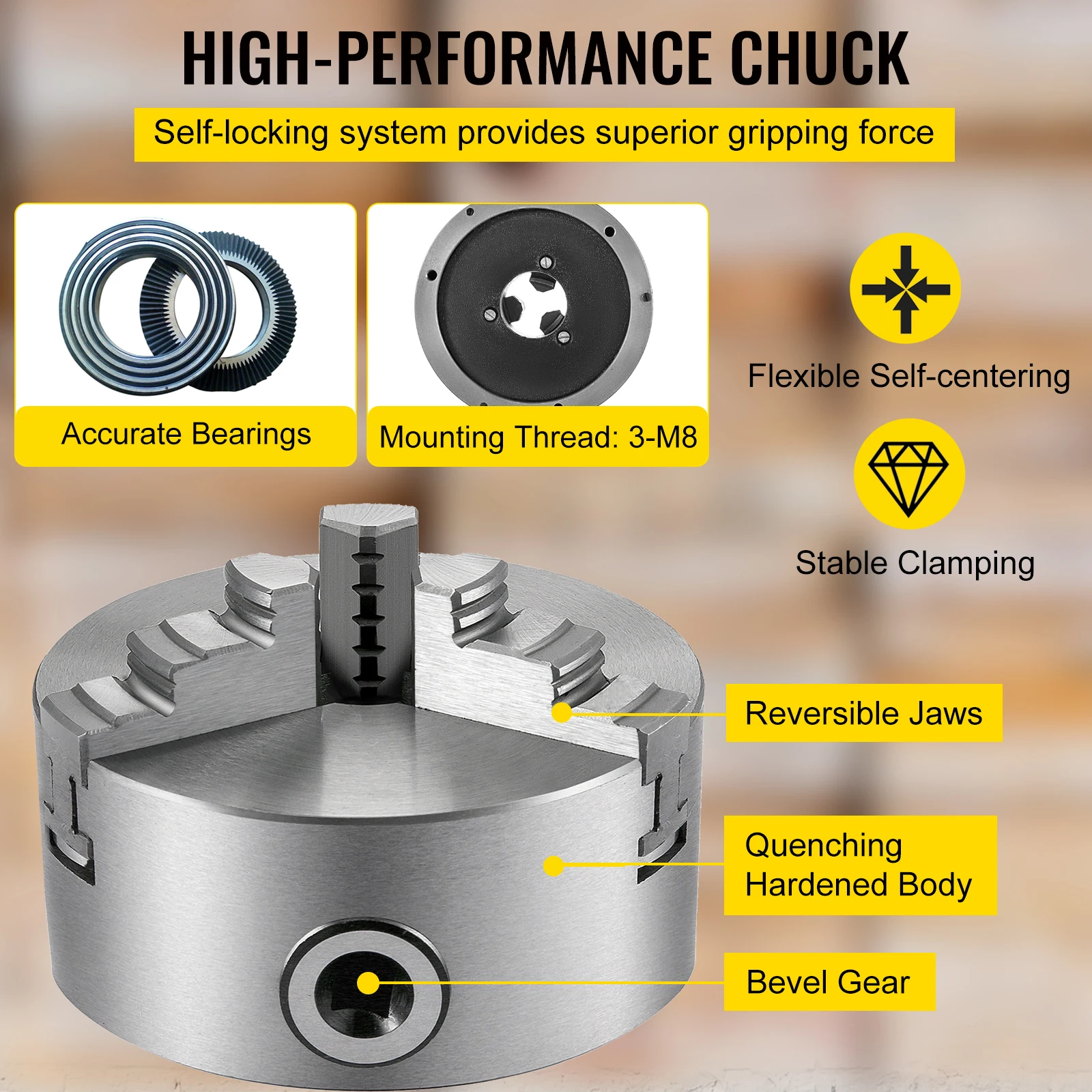 VEVOR K11 Lathe Chuck 3 Jaws Manual Self-Centering K11-100 K11-125 K11-160 K11-200 W/ Mounting Bolt for Grinding Milling Turning