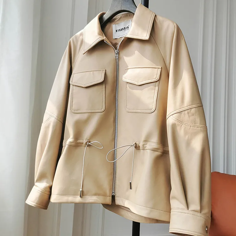 Autumn Winter Warm Women Leather Bomber Jacket Blazer Lady Casual Outerwear Fashion Clothing Female Short Sheepskin Pocket Coat