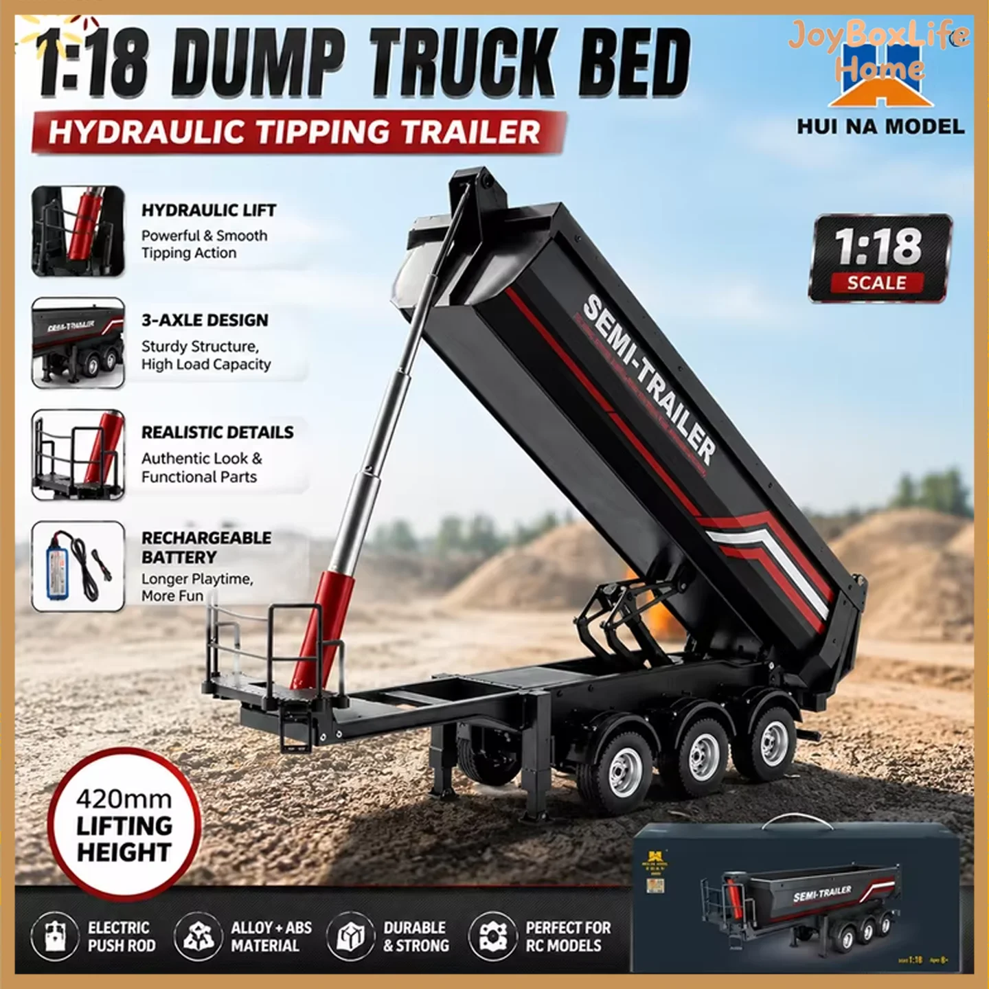 Huina 1/18 1509 RC Semi Dump Trailer Electric Lifting Tail Light Support Leg For RC Tractor Truck 1501 Model Toy No Sound System