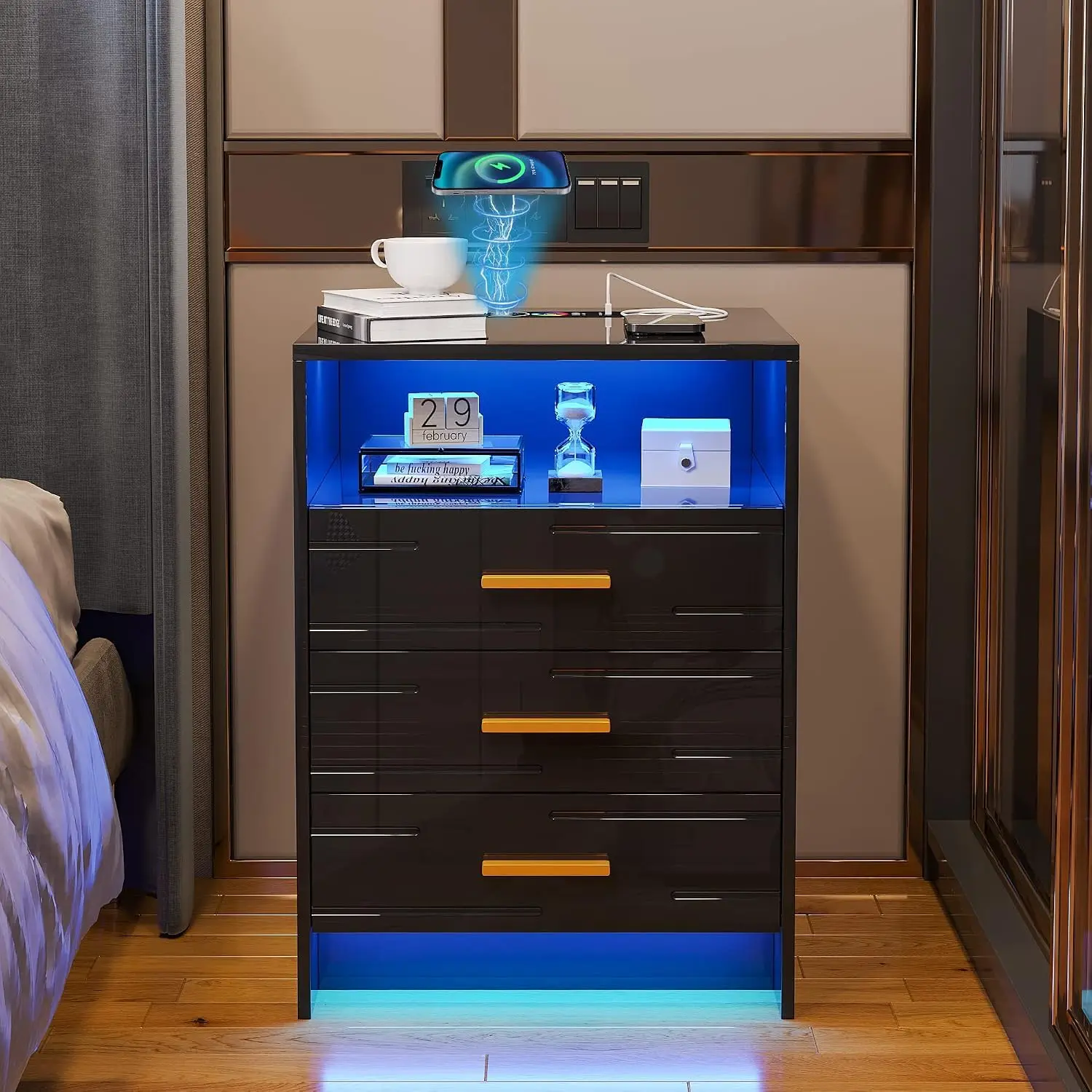 LED Nightstand with Wireless Charging & Auto Sensor 3-Color Light, Touch Bedside Table with 3 Drawer for Bedroom, Customized