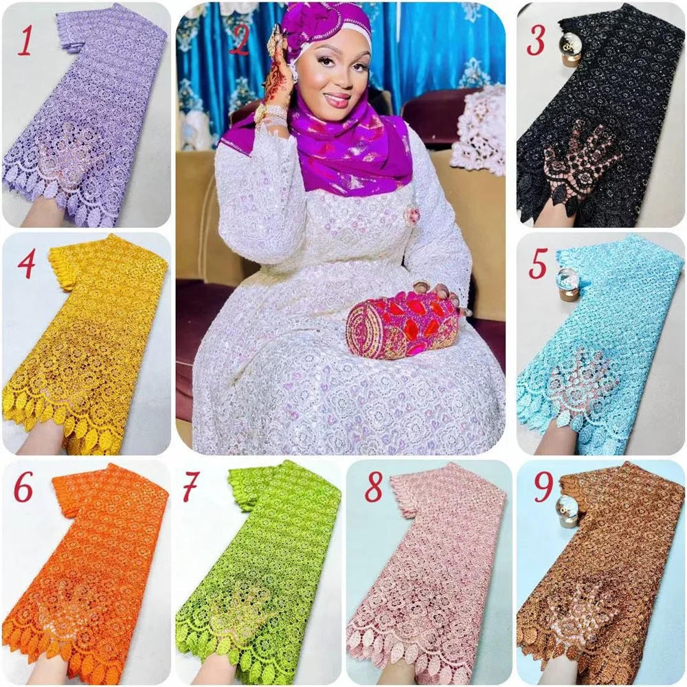 

Африканская нигерийская высококачественная кружевная ткань с вышивкой, тюль, камень, гипюр, водорастворимый для свадебных платьев, 5 ярдов, H163-1