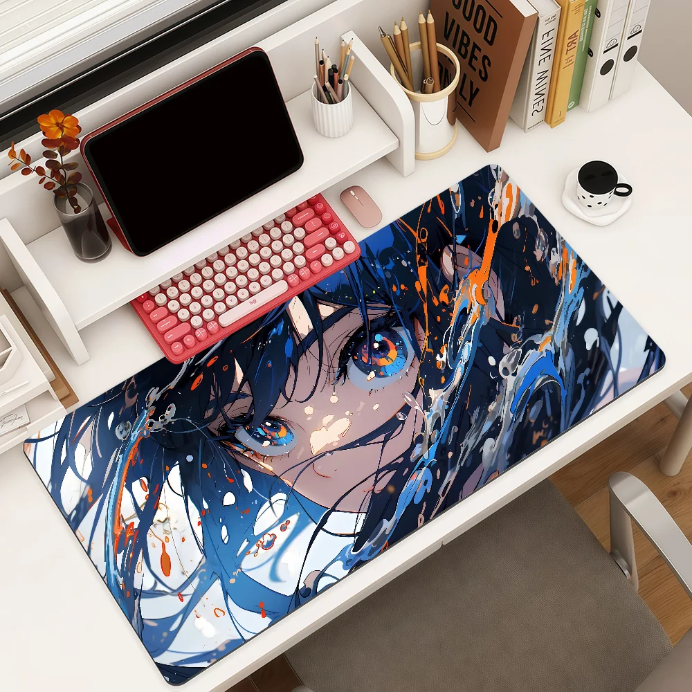 Big-Eyed Cute Girl Mouse Pad Large Non-Slip Waterproof Mat Stitched Edge Keyboard Pad for Gaming Daily Office