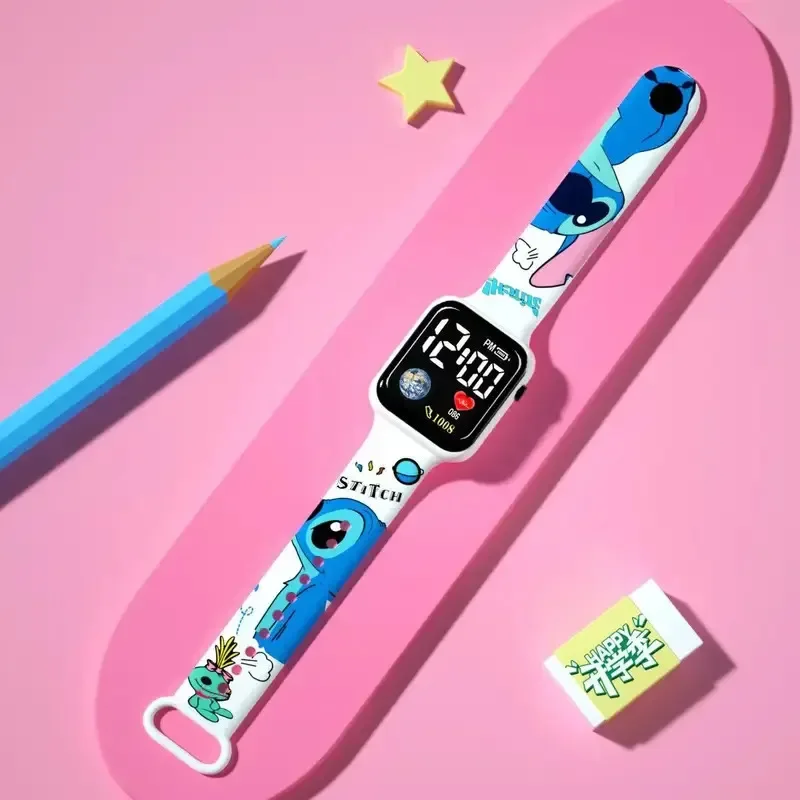 New Disney Stitch Cartoon Color Printed Student LED Electronic Watch Fashionable Printed Square Y1 Button Electronic Watch