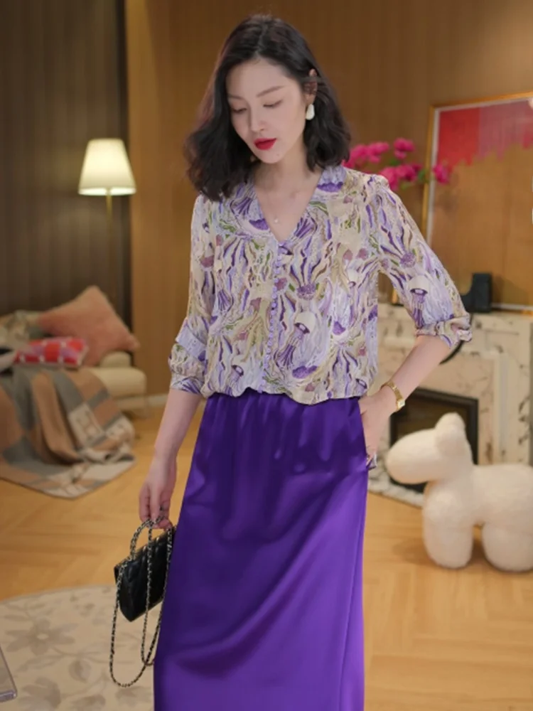 

Женская шелковая блузка свободного кроя с длинным рукавом, V-образным вырезом, цветочным принтом, легкая, дышащая, летняя, модная, класса люкс