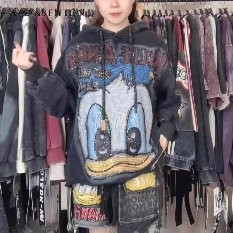 

Autumn Heavy Industry Cartoon Hoodies Fashion Oversized Loose Hooded Sweatshirts Short Top Long Sleeves Pullover Sudadera Mujer
