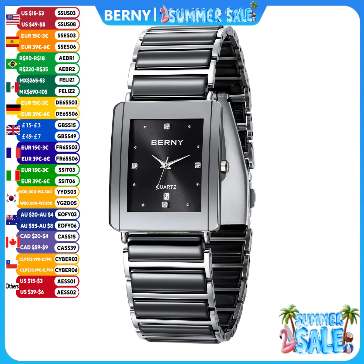 

BERNY Ceramics Watches for Men Calendar Casual Rectangle Quartz Watch Vintage-Style Luxury Diamond Dress Wristwatch