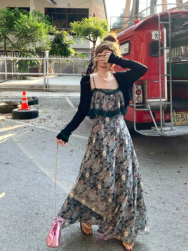 

plus Size Lace Splice Halter Dress Korean Style Commute A-Line Long Summer New Vintage Elegant Knee-Length Gown