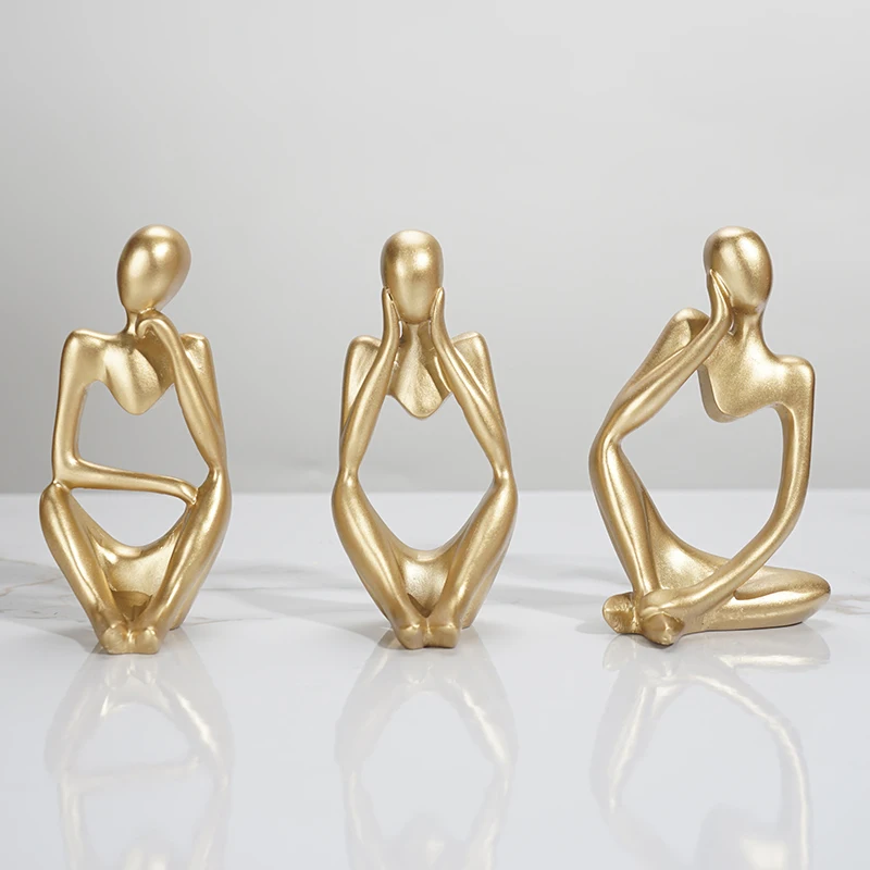 3pcs Resin Sculptures & Figure Statues Home Decor Modern Living Room Decoration Desk Tv Cabinet Interior Figurine Golden Thinker