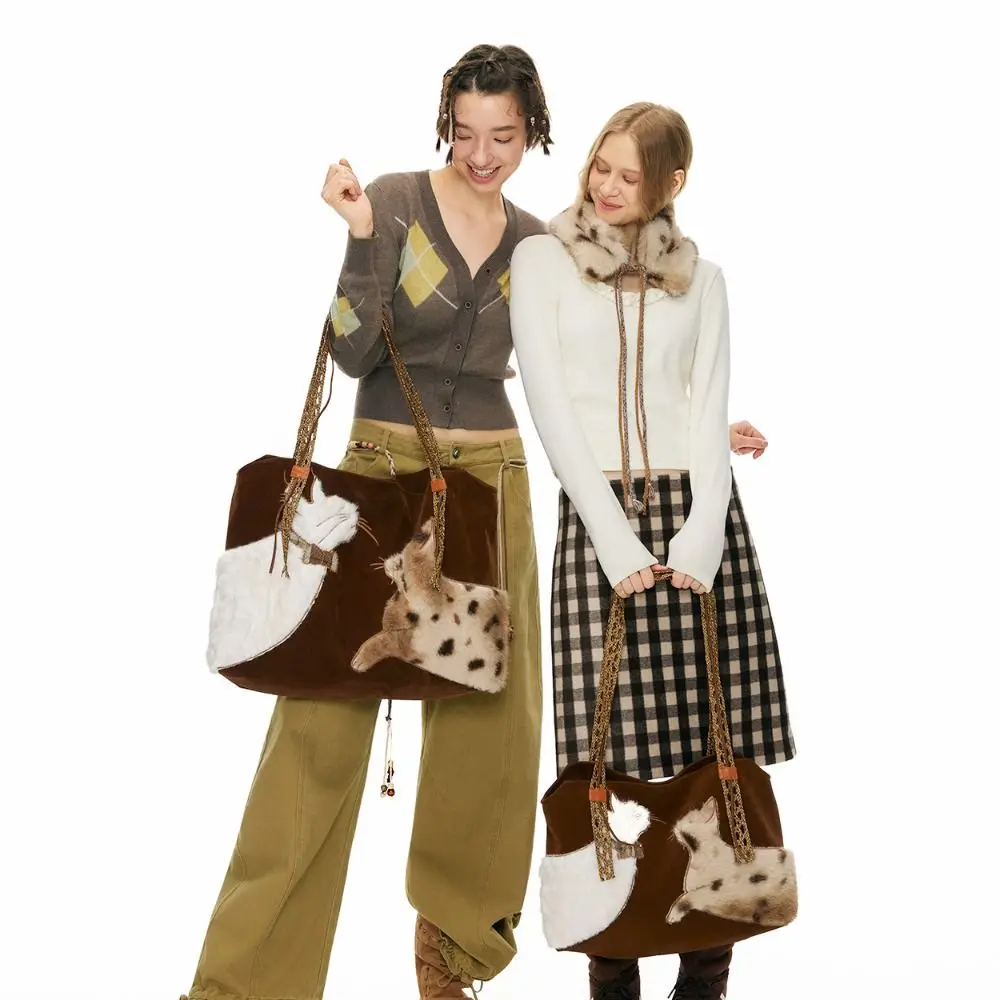 

Creative Y2k Embroidery Cat Tote Bag Cute Cartoon Suede Shoulder Bag Lightweight Shoulder Pouch Plush Handbag Kids
