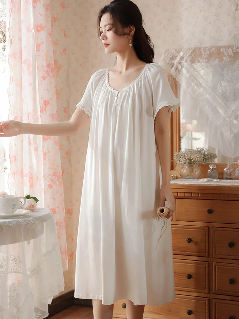 White Women Summer Short Sleeve Ruffles Romantic Victorian Nightdress Cotton Vintage Princess Lace Loose Fairy Nightgowns