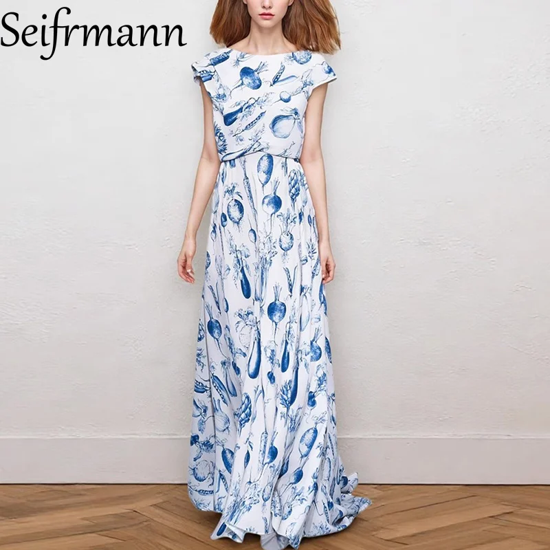 

Seifrmann Fashion design Women's Long Dress Slash Neck Short-Sleeved Blue Print High waist Asymmetrical Big Swing Dresses