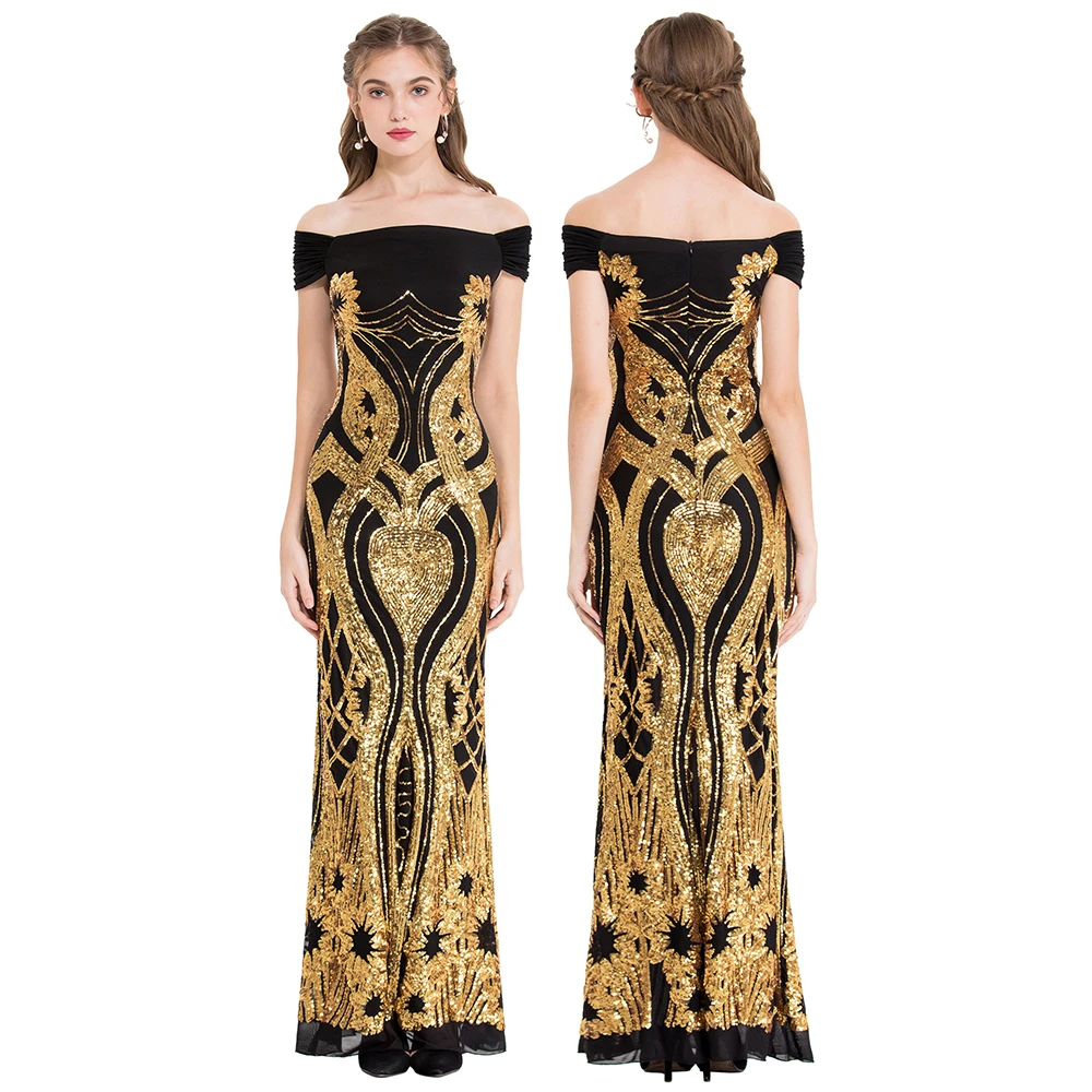 Angel-Fashions Vrouwen Off Shoulder Gold Bloemen Patroon Sparkly Pailletten Schede Avond Party Dress Vintage Moeder Van Bruid gown