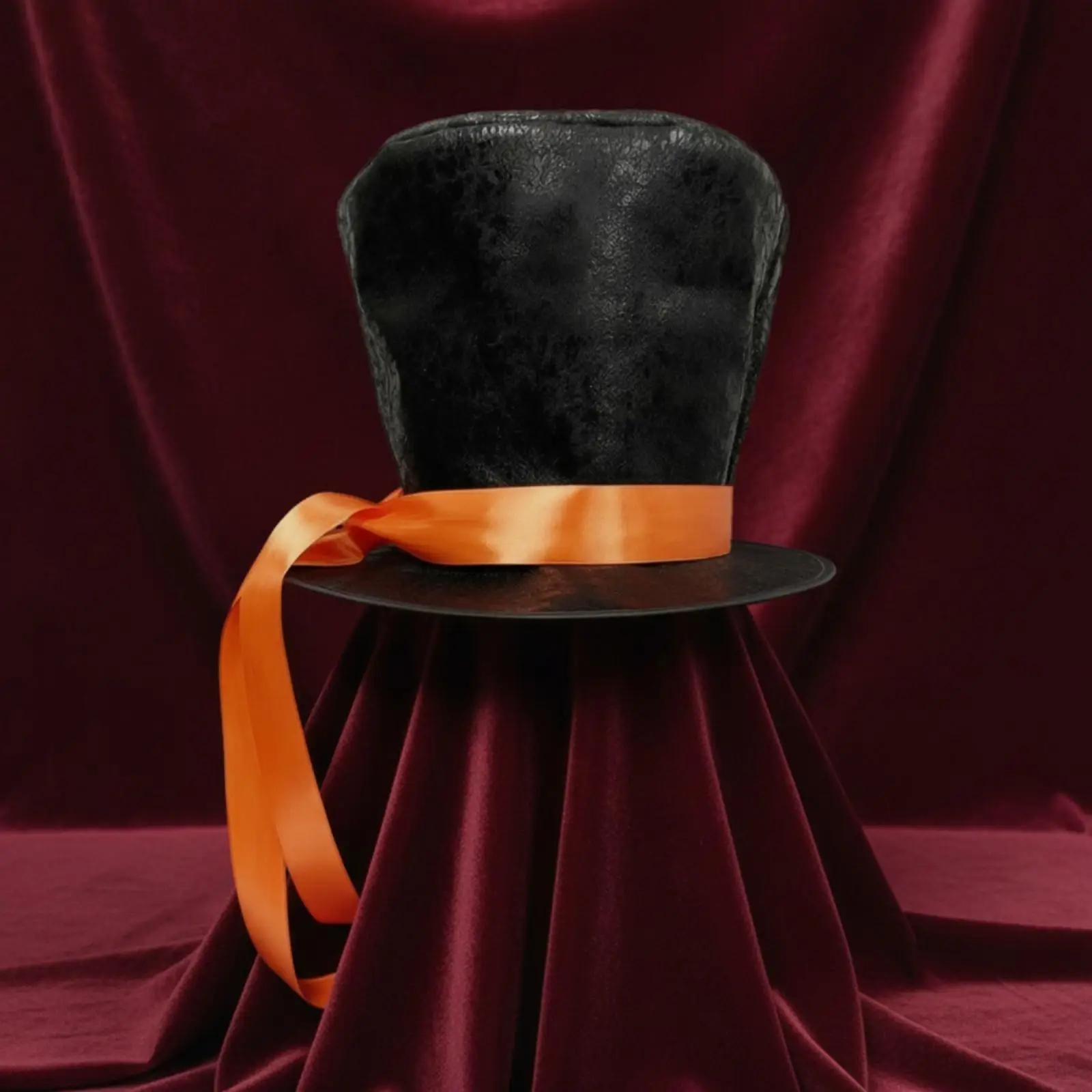 Professional Magic Show Top Hat Structured Suede Fabric Costume Accessory with Long Ribbon Ends for Illusionists and