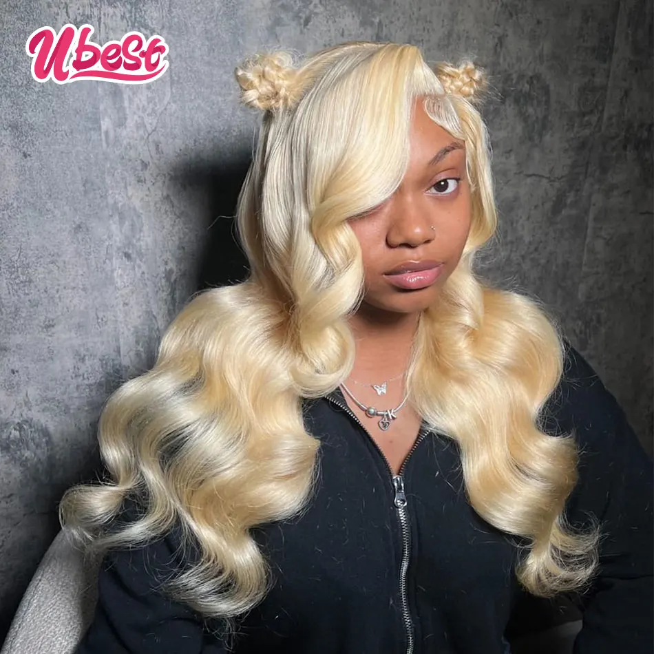 Ubest Pink Red 613 Colored 13X6 Body Wave Transparent Lace Front Wigs 100％ Human Hair 200％ Density Brazilian Hair Remy Hair Wig