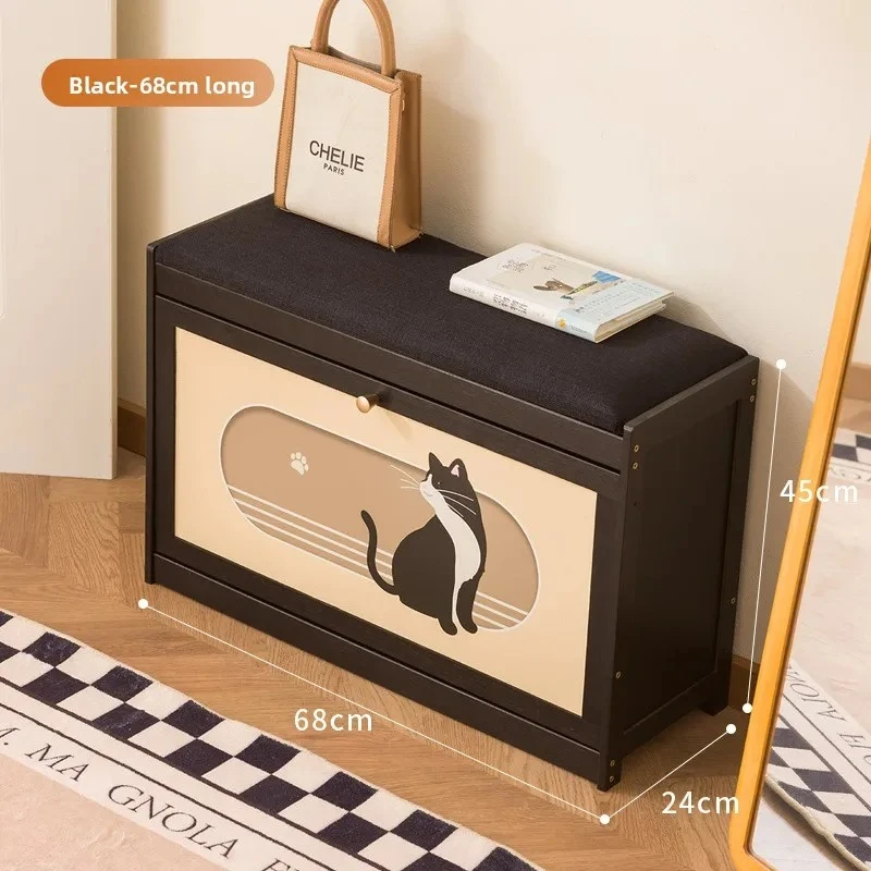 Retro style easy shoe changing stool, doorstep shoe cabinet, cushioned shoe wearing stool, double-layer flip shoe cabinet