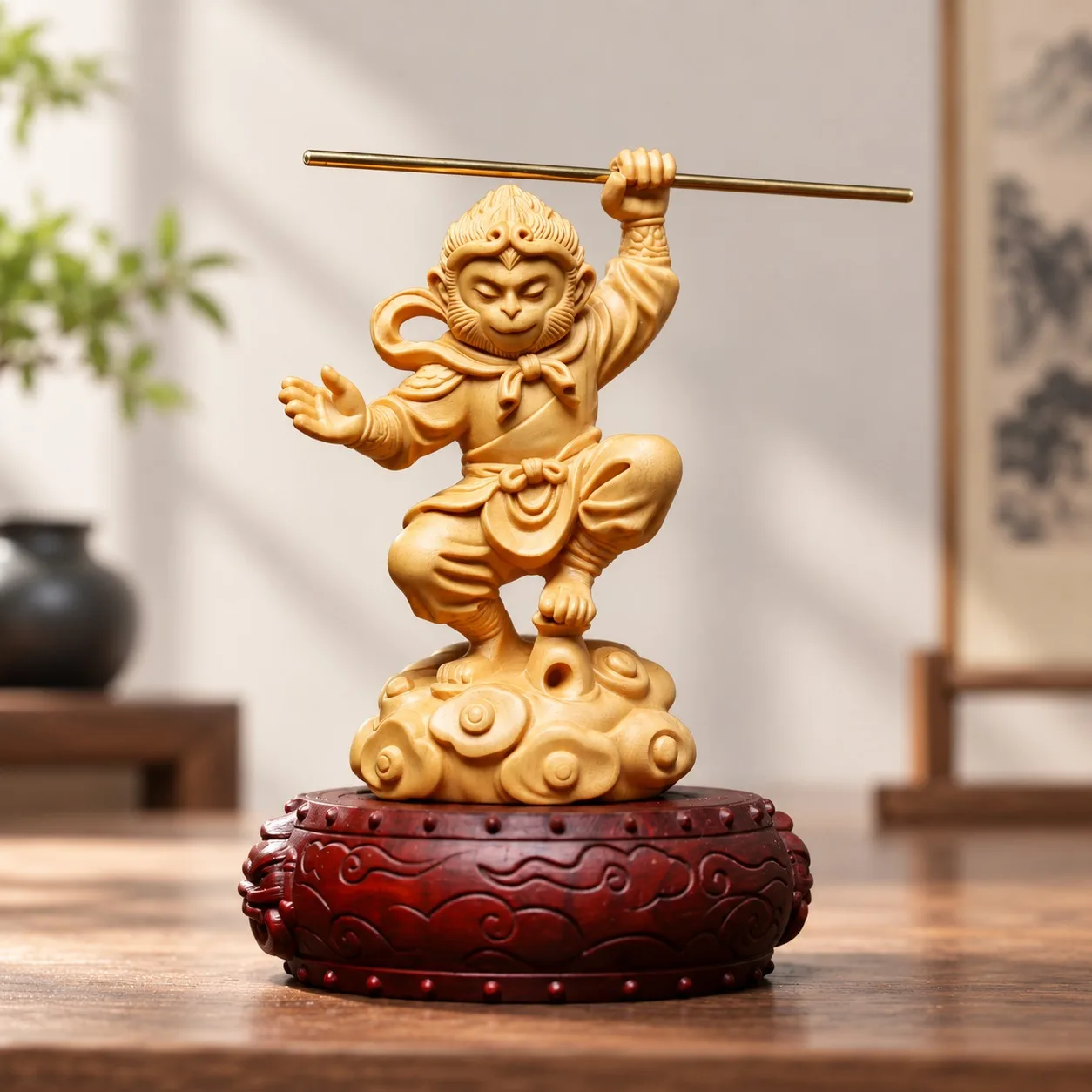 Hand-Carved Boxwood Black Myth Wukong Sun Wukong Great Sage Statue for Traditional Feng Shui Home Office Desk Decor Gift