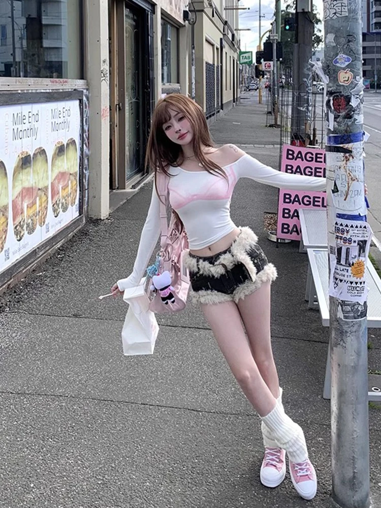 ReddaChic فو الفراء مربوط النساء الدنيم السراويل منخفضة الخصر ممزق غامض الغنيمة السراويل Gyaru Shoujo اليابانية Harajuku الجينز السراويل الساخنة #2