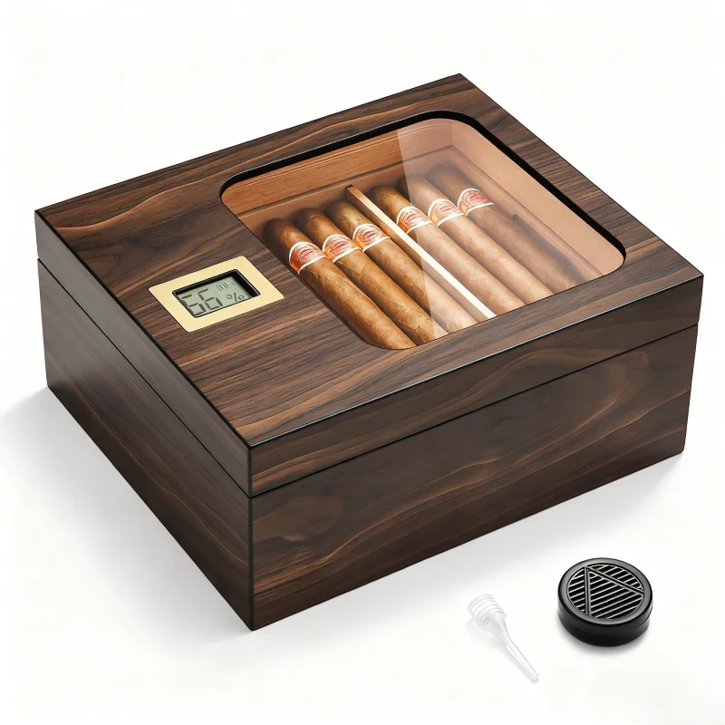 

Cigar Humidor Spanish Cedar Wood with Glass Top, Digital Hygrometer and Humidifier Included, 25-50 Cigars Storage Box