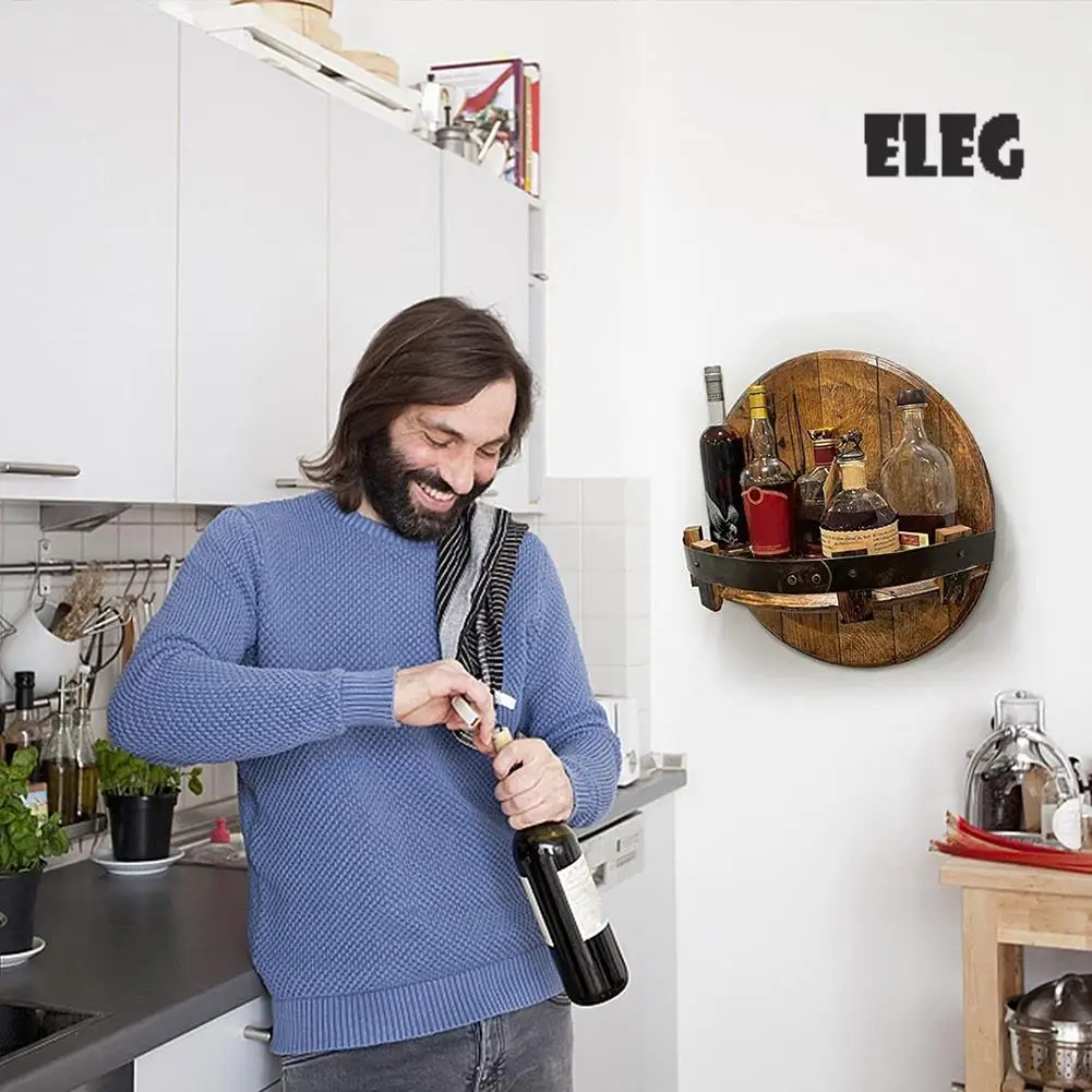 

ELEG-Handcrafted Liquor Bottle Display, Wall Mounted Whiskey Barrel Shelf, Vintage Round Wine Rack Whisky Display