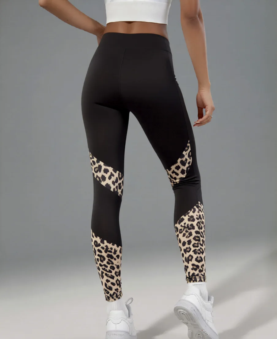 Leggings Women High Waist Leopard Print Patchwork Side Pocket Stretch Slim Yoga Workout Sports Pants