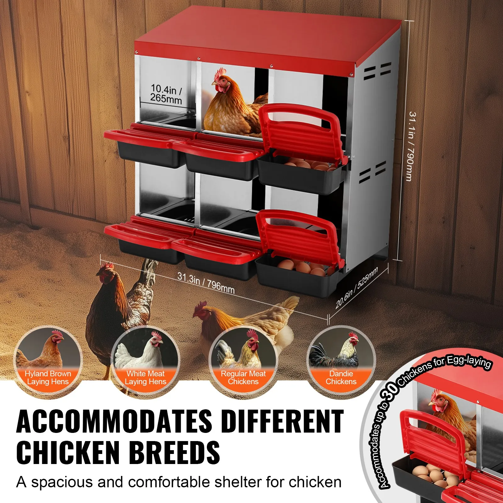 

6-Compartment Chicken Nest Box Mental Box with Inclined Nesting Boxes