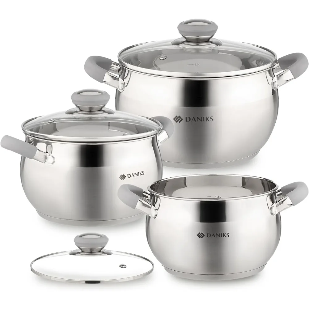 

Daniks Modern Stainless Steel Kitchen Induction Pot Cookware Set | 6-Piece | Dishwasher Safe Pots | 2 Quart + 3 Quart + 4 Quart