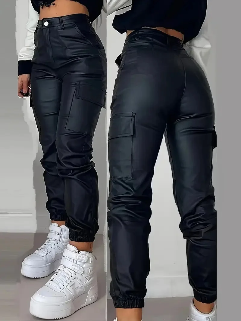 Y2K Damen Schwarze Mode Kunstleder Cargo-Hose mit Hoher Taille Streetwear Jogger-Hose mit Taschen Elastische Bündchen Schlanke Hose – Detail 2