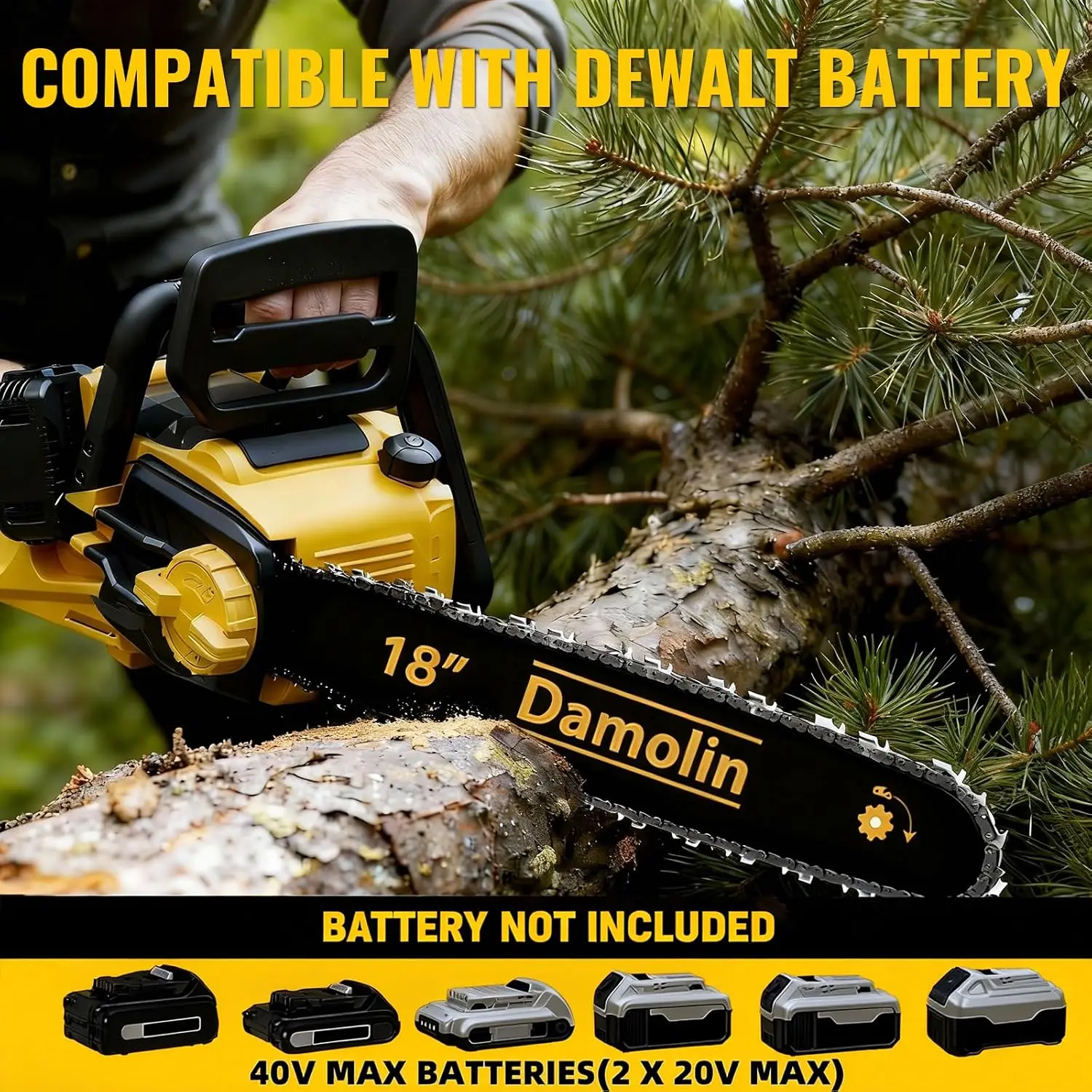40V Brushless Cordless Chainsaw with 16-Inch + 18-Inch Bars, Compatible with 20V Battery