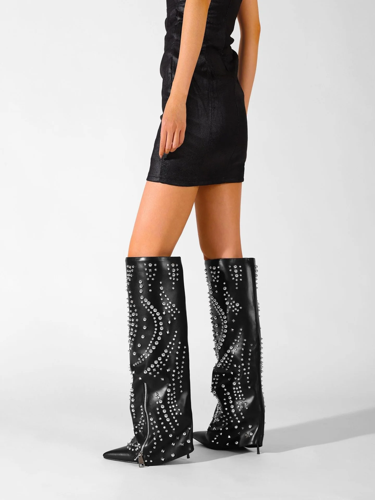 Black Punk Style Hollow Metal Circle Round Toe Platform Mid-Calf Women Boots Chunky Middle Heels Slip On Design Large Size Shoes