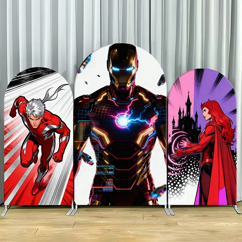 

Arch Backdrop Cover Single Side Iron Man Scarlet Witch Silver Surfer Superhero Party Decoration Photo Booth Background Props