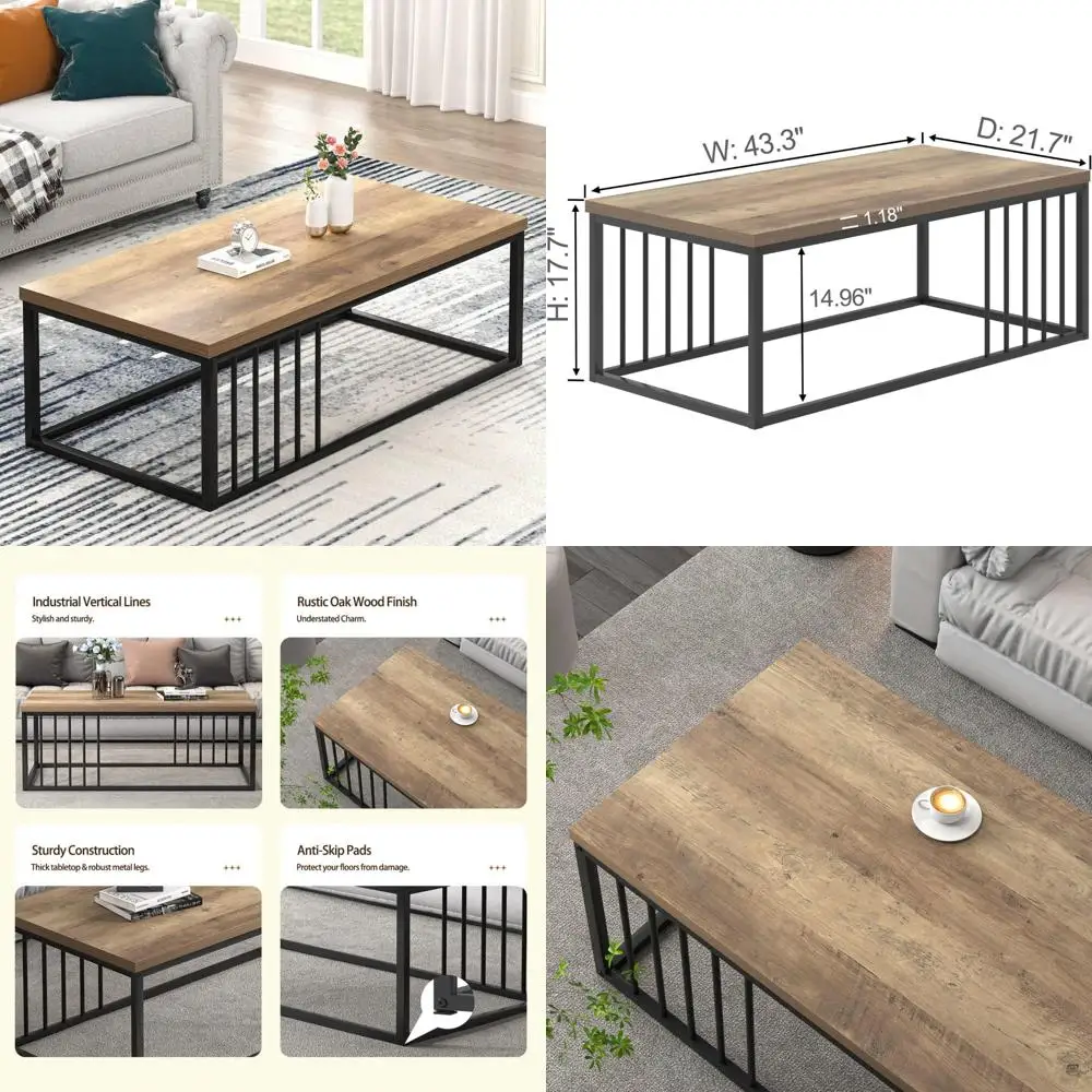

Минималистичный журнальный столик из дубового дерева и металла в деревенском стиле, 43,3 дюйма для гостиной